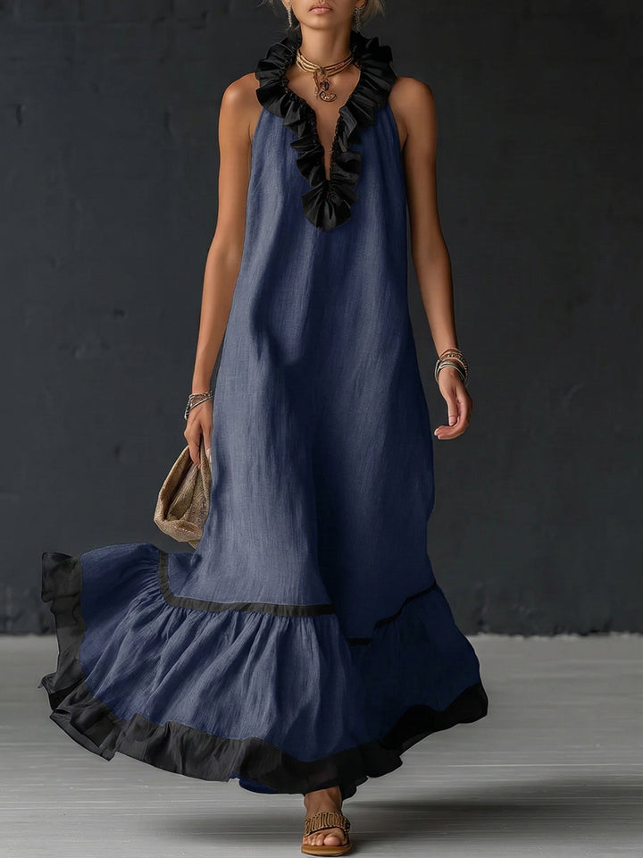 Women's Linen Ruffle Maxi Dress Sleeveless V-Neck Tiered Sundress