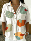Women's Bird Print Linen Short Sleeve Button Up Shirt Blouse