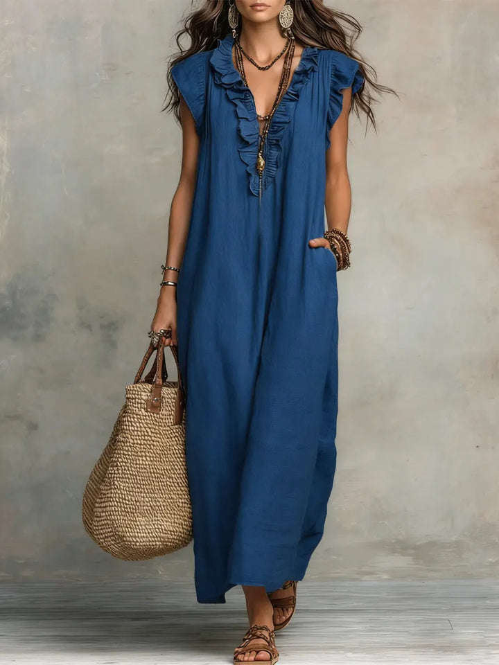 Women's Linen V-Neck Sleeveless Kaftan Boho Maxi Dress