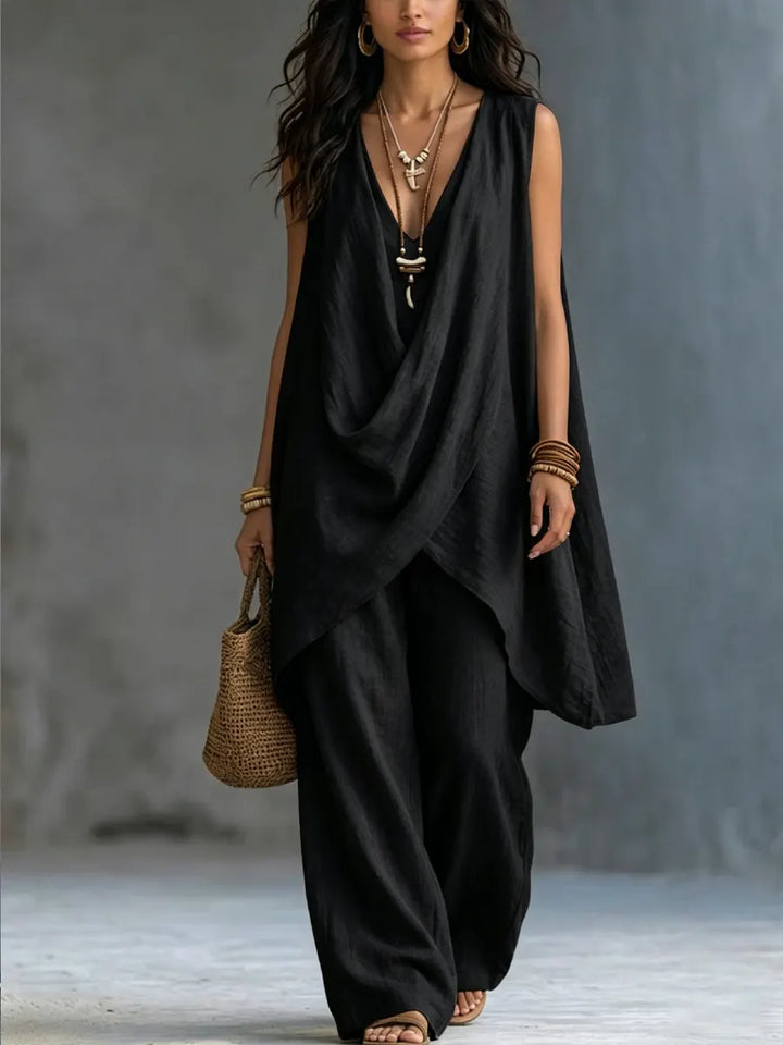 Women's Linen Two Piece Set Sleeveless Drape Top Wide Leg Trousers