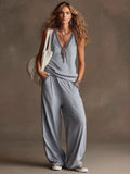 Women's Knit V-Neck Sleeveless Top & Wide-Leg Pants Two Piece Lounge Set