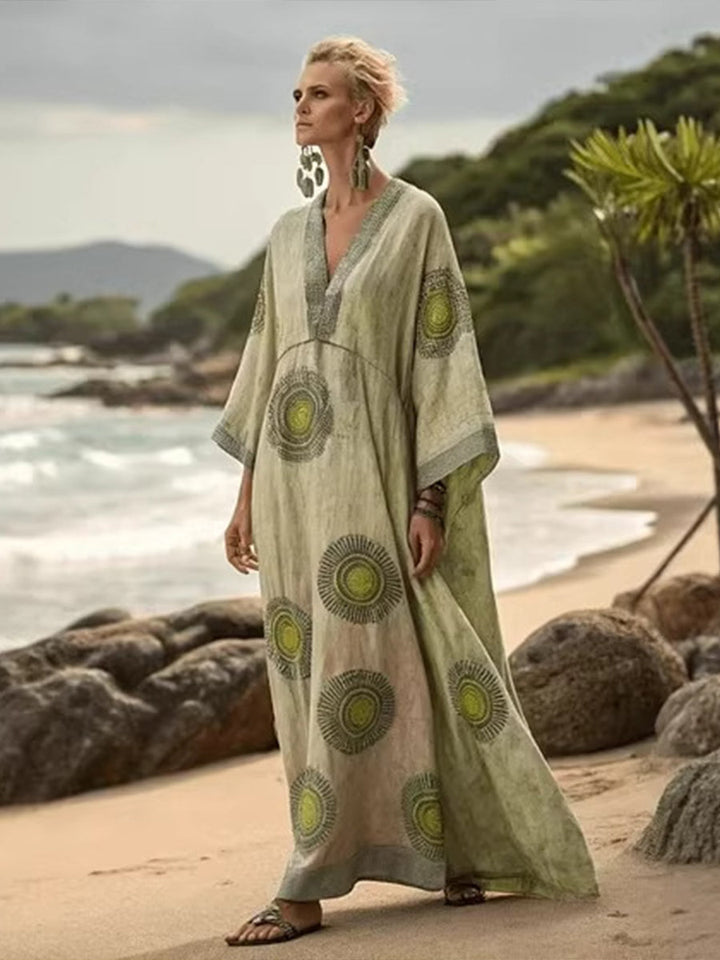 Women's Three-Quarter Sleeve Art Print Linen Kaftan Beach Maxi Dress