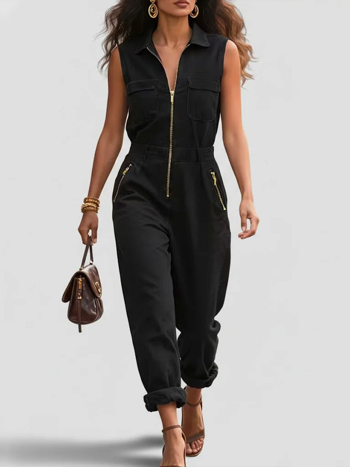 Women's Denim Sleeveless Jumpsuit One-Piece Romper with Zip Front