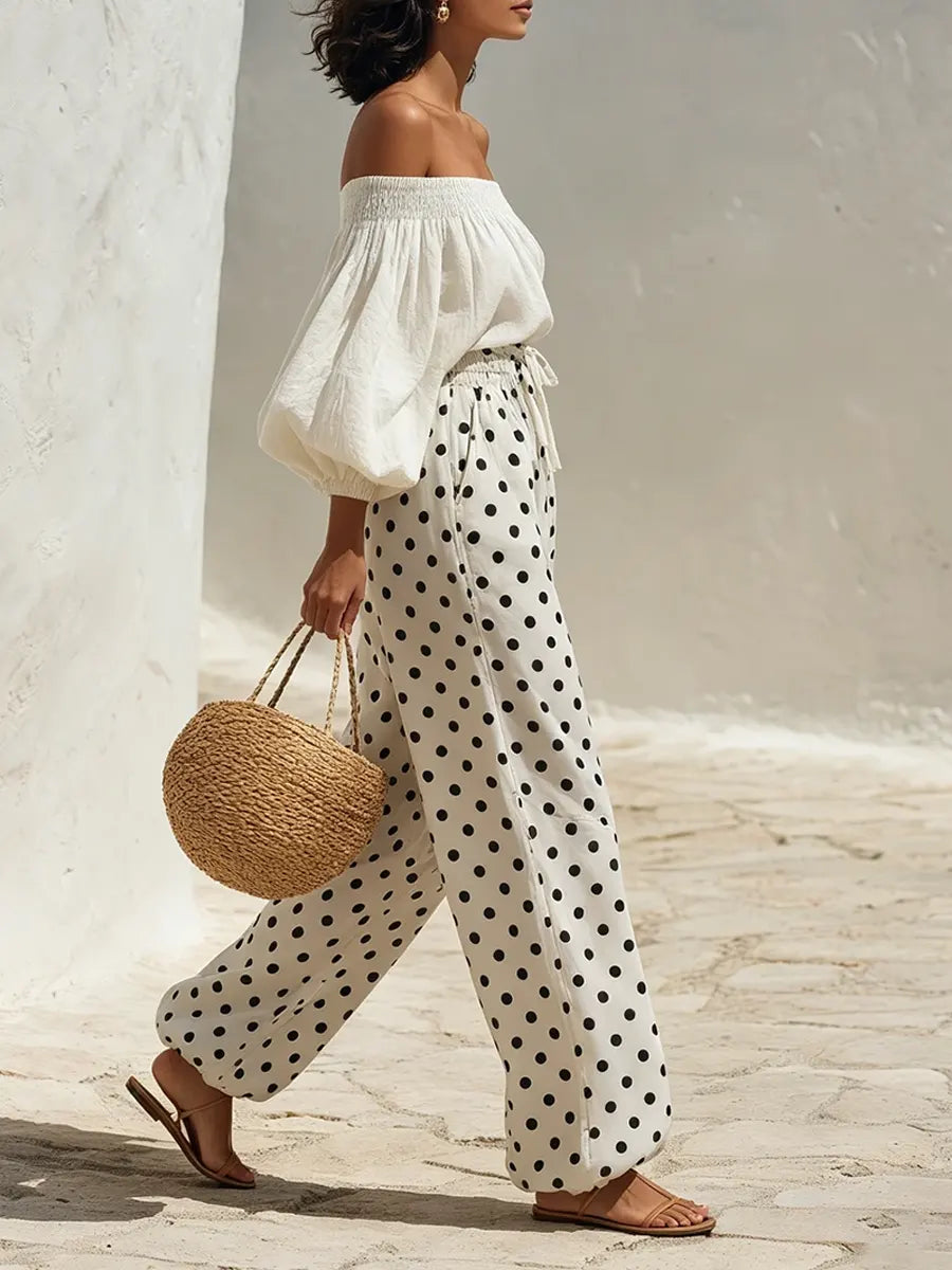 Women's Off-Shoulder Polka Dot Linen Two-Piece Set