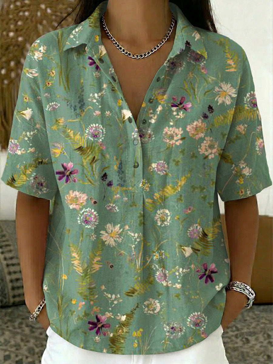 Women's Linen Blouse Floral Print Button Down Shirt Short Sleeve Top