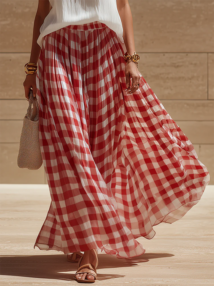 Women's Linen Gingham Sleeveless Top and High Waist Maxi Skirt Set