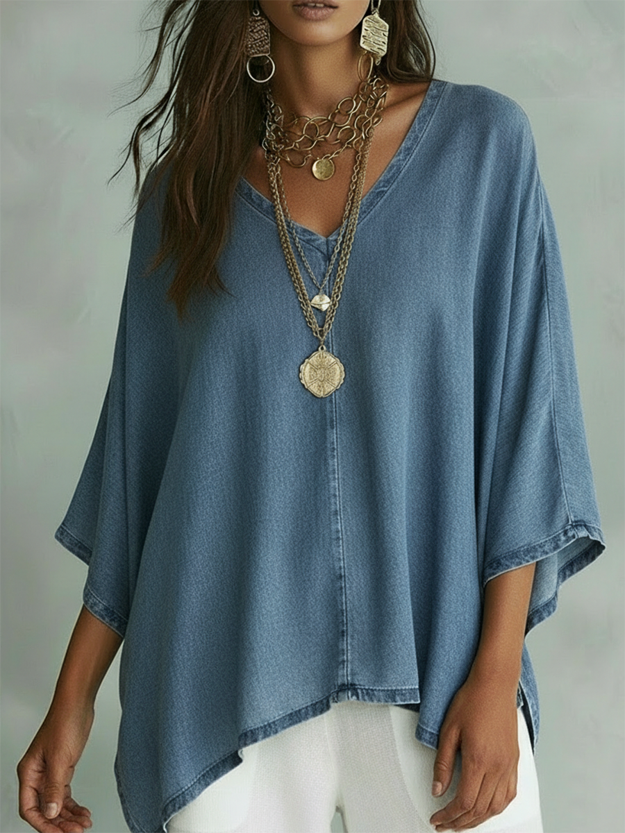 Women's V-Neck Chambray Denim Loose Fit Shirt