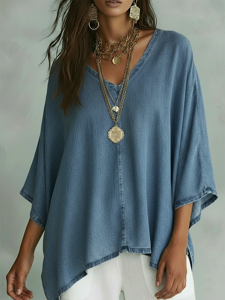 Women's V-Neck Chambray Denim Loose Fit Shirt
