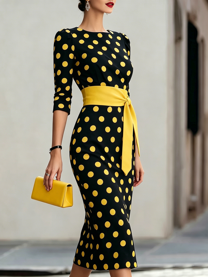 Women's Polka Dot Bodycon Midi Dress With Belt
