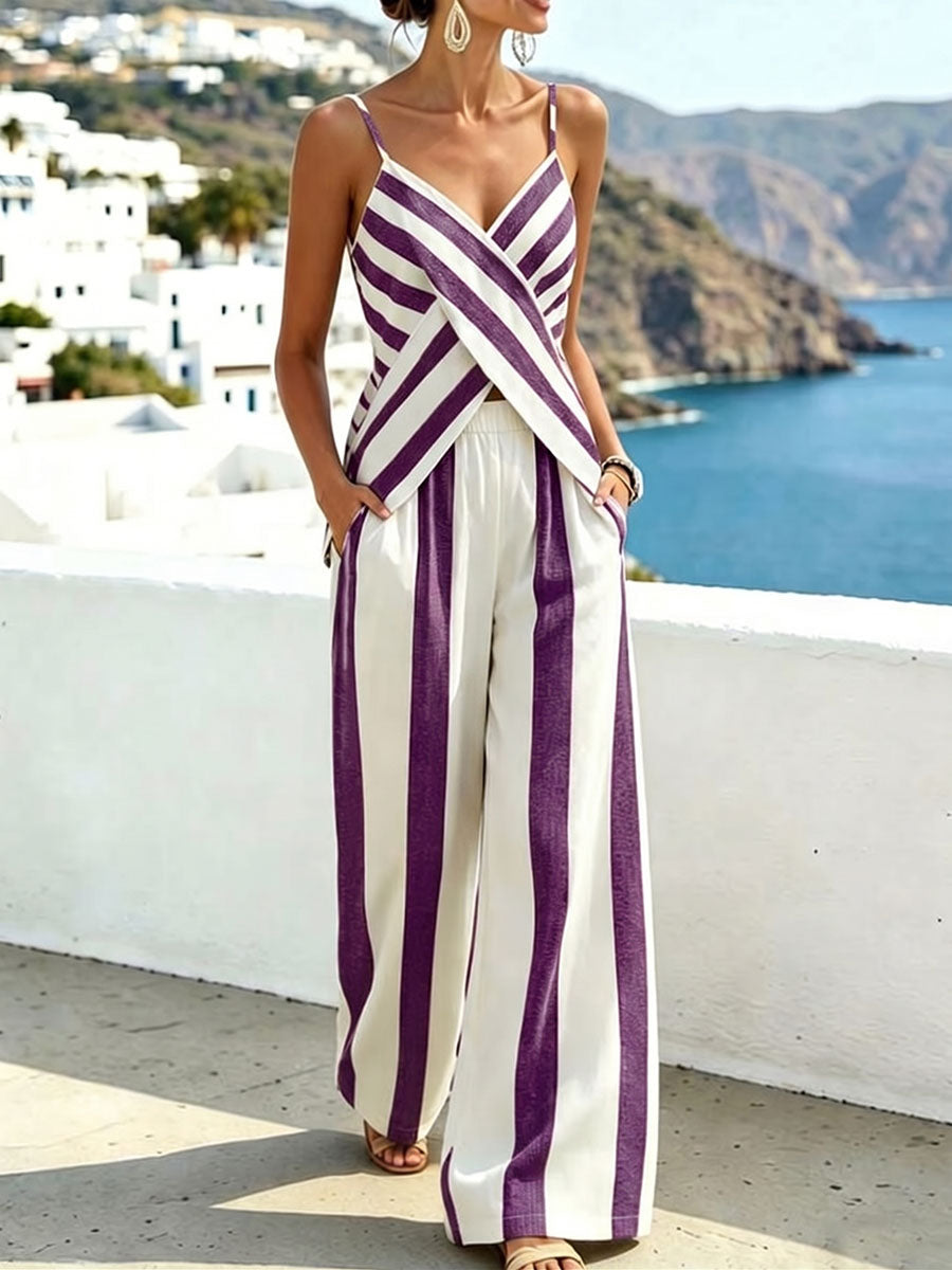 Women's Two-Piece Set Linen Striped Camisole & Wide-Leg Pants