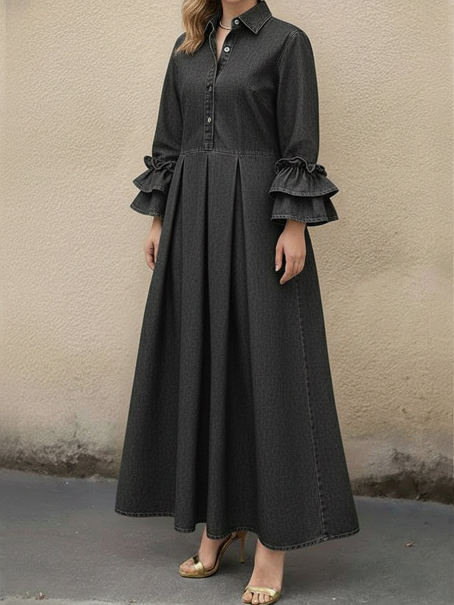 Women's Denim Pleated Ruffle Long Sleeve Maxi Dress