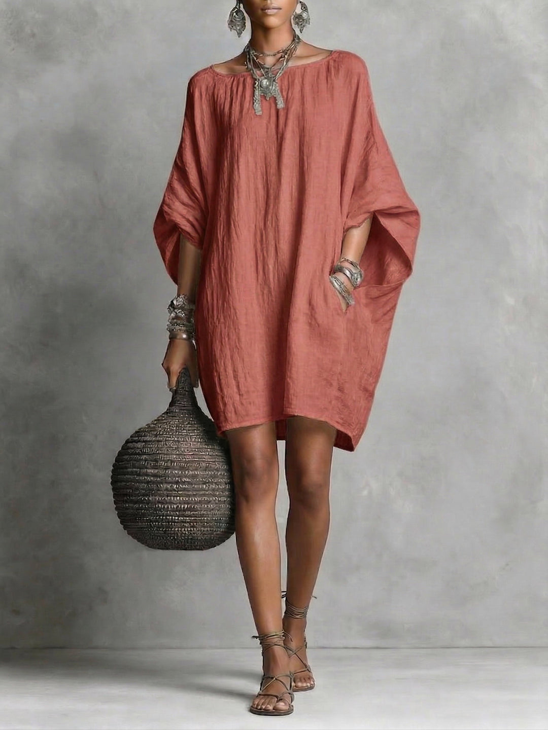 Women's Linen Off Shoulder Batwing Sleeve Tunic Mini Shift Dress