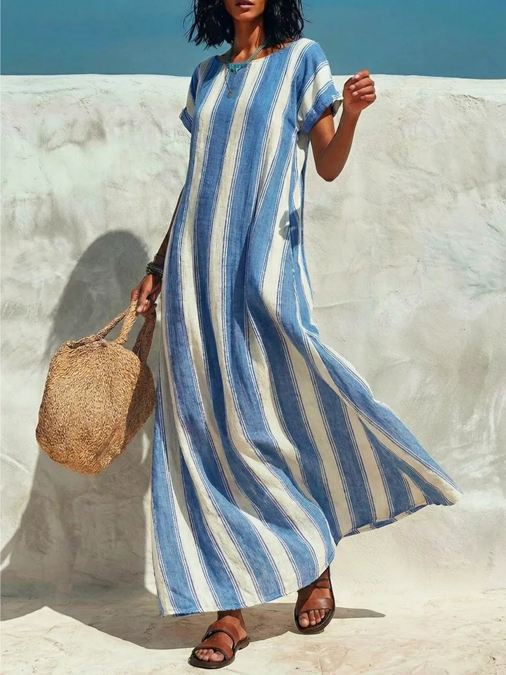 Women's Linen Striped Casual Loose Kaftan Maxi Dress