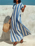 Women's Linen Striped Casual Loose Kaftan Maxi Dress