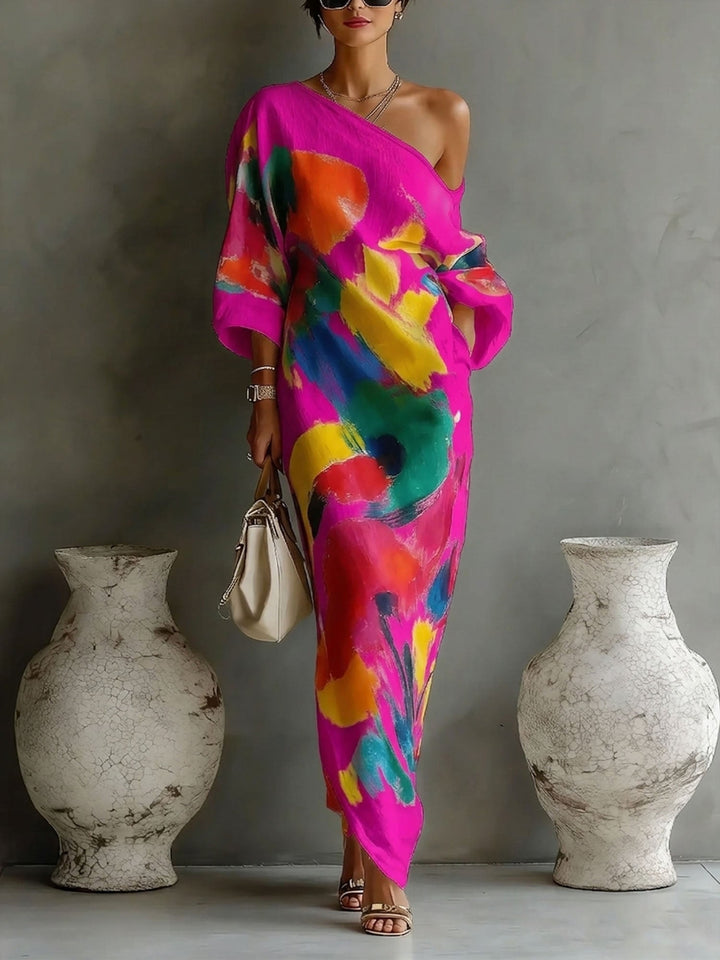 Women's One Shoulder Linen Maxi Dress With Batwing Sleeve