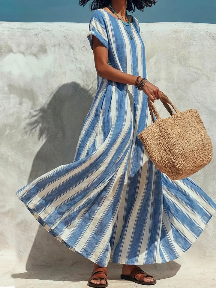 Women's Linen Striped Casual Loose Kaftan Maxi Dress
