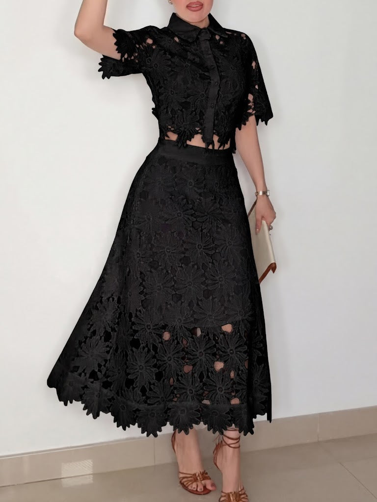 Women's Two-Piece Floral Lace Midi Skirt and Button-Up Shirt Set