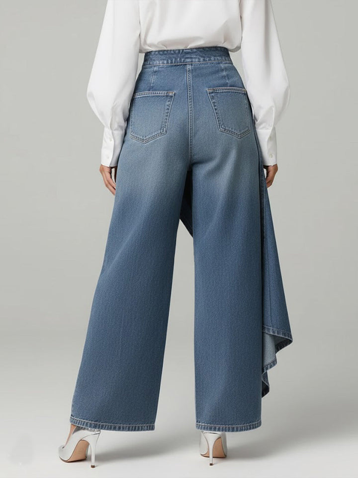 Women's Denim Wide Leg Ruffle Skirt Overlay Jeans High Waisted Trousers