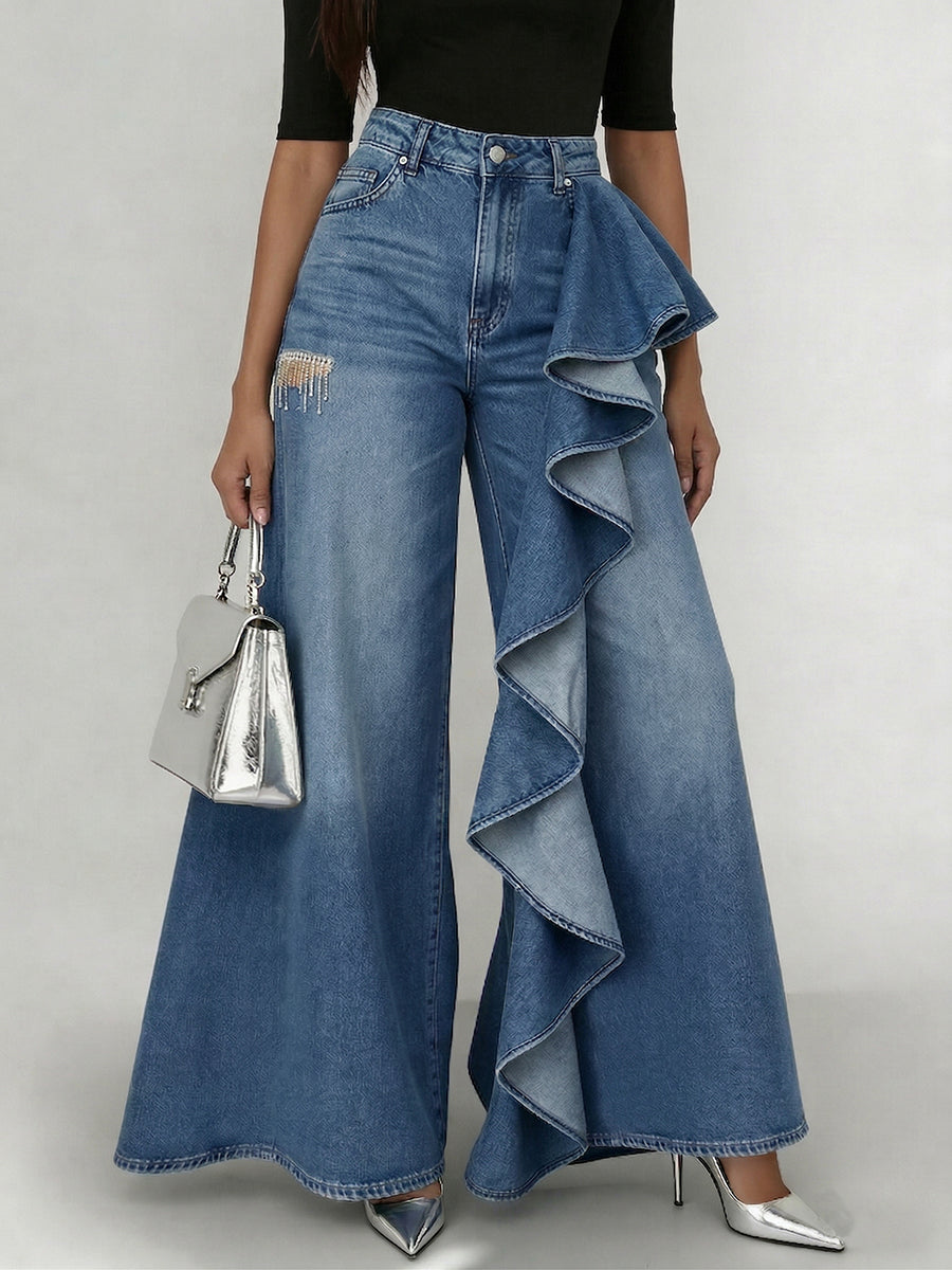 Women's Jeans Denim Wide-Leg Ruffle Asymmetric Flare Style