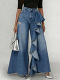 Women's Jeans Denim Wide-Leg Ruffle Asymmetric Flare Style