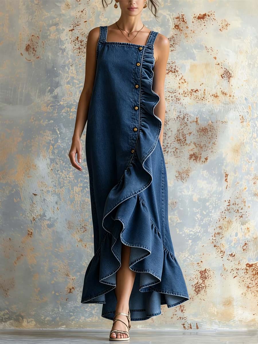 Women's Sleeveless Square-Neck Denim Maxi Dress
