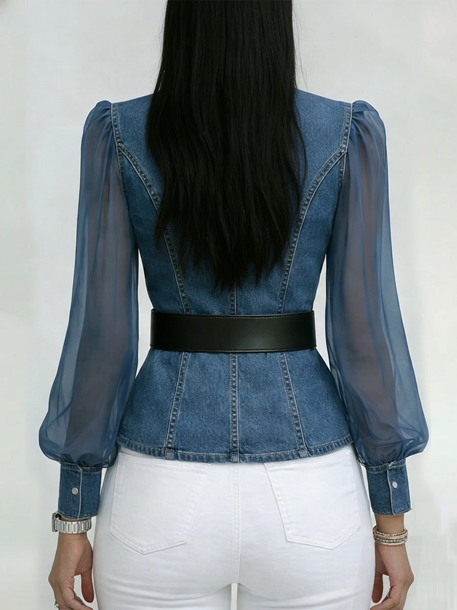 Women Denim Mesh Lantern Sleeve Belted Top