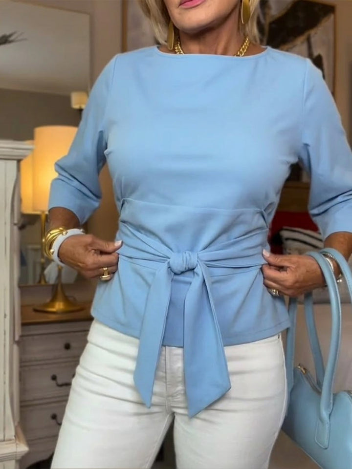 Women's Linen Tie-Front Boat Neck Blouse 3/4 Sleeve Top