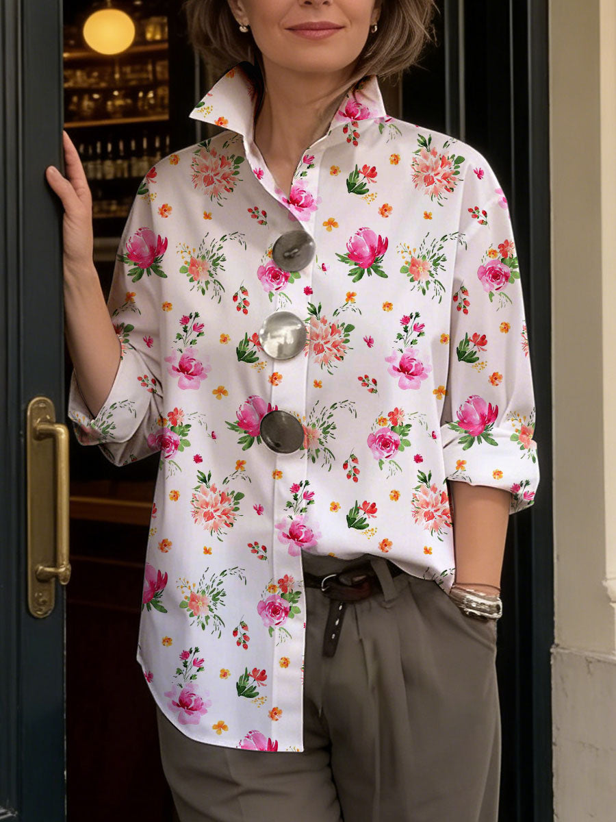 Women's Floral Linen Blouse Long Sleeve Oversized Printed Button Up Shirt