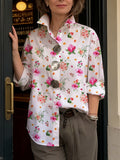 Women's Floral Linen Blouse Long Sleeve Oversized Printed Button Up Shirt