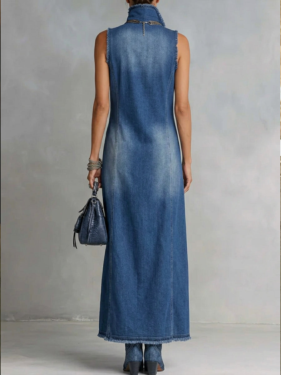 Women's High Neck Sleeveless Denim Maxi Dress with Split Hem