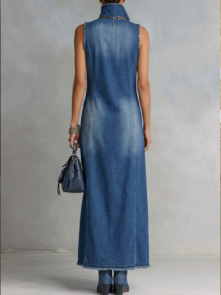 Women's High Neck Sleeveless Denim Maxi Dress with Split Hem