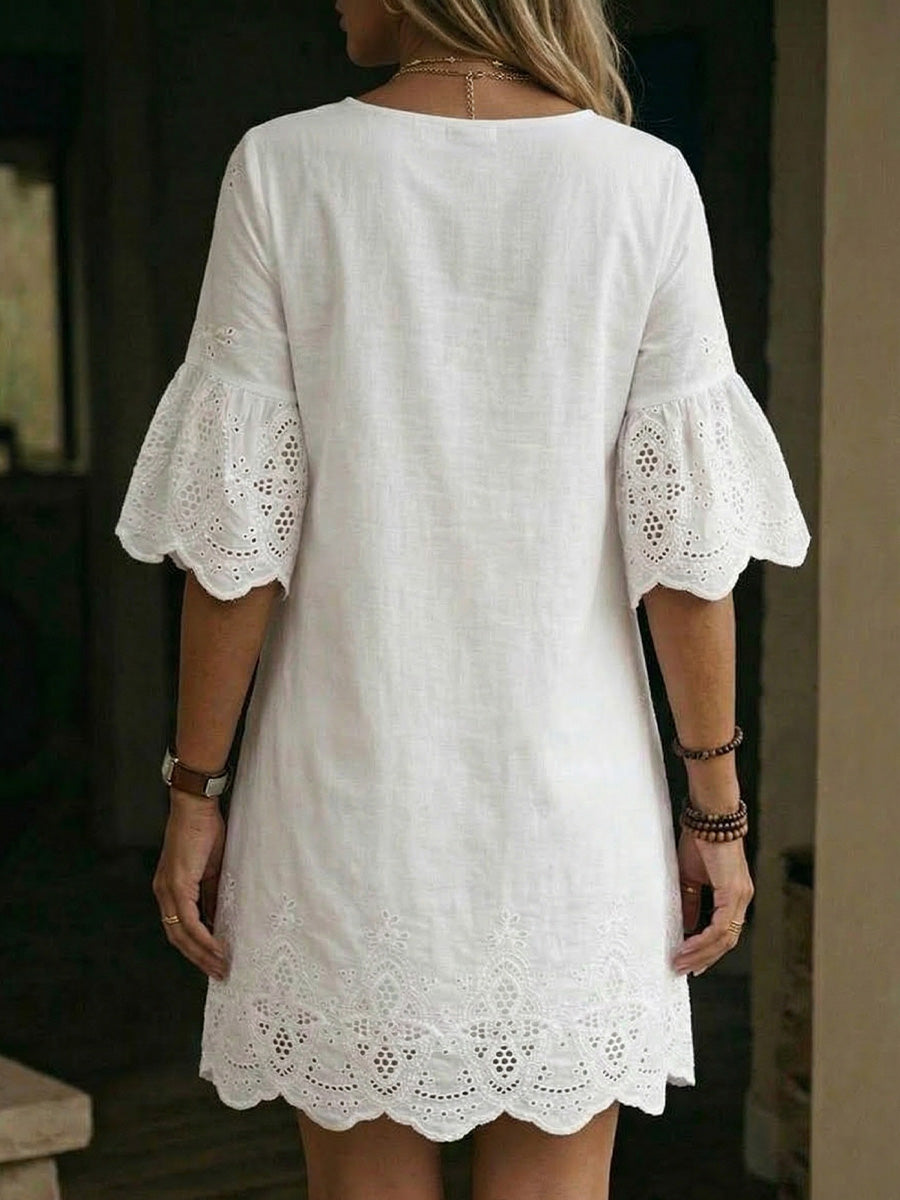 Women's Linen Embroidered V-Neck Flare Sleeve Tunic Dress