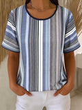 Women's Striped Knit T-Shirt Short Sleeve Linen Mix Top