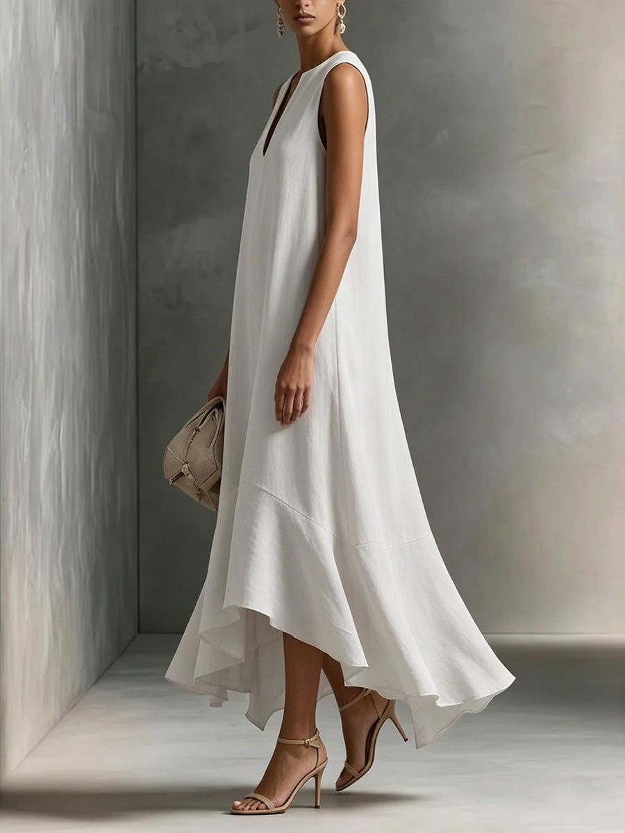 Women's Deep V-Neck Sleeveless Asymmetric Ruffle-Hem Linen Maxi Dress