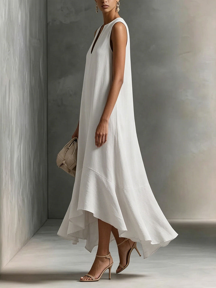 Women's Deep V-Neck Sleeveless Asymmetric Ruffle-Hem Linen Maxi Dress