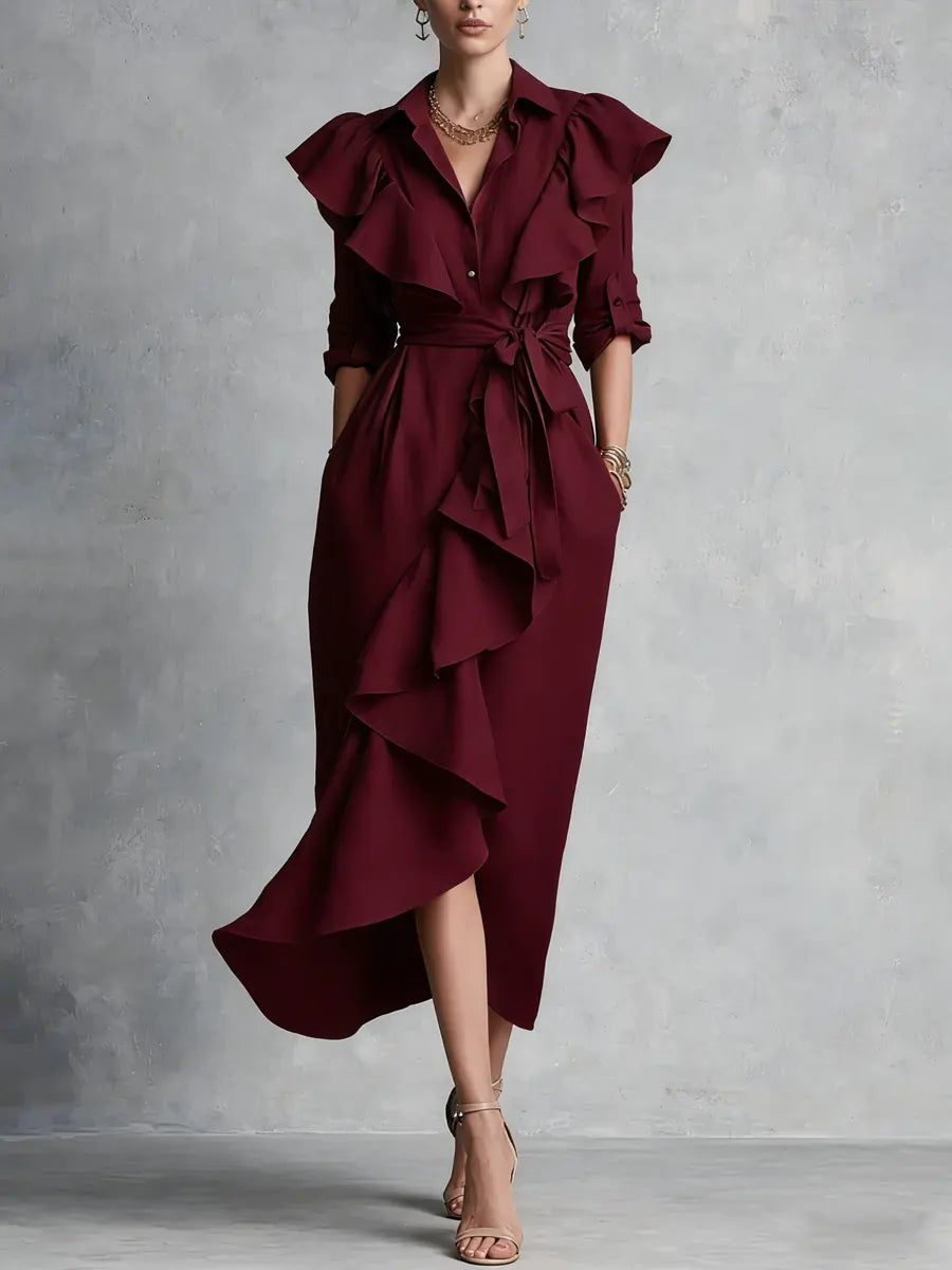 Women's Linen Ruffle High-Low Hem Tie-Waist Shirt Dress