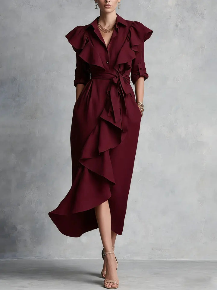 Women's Linen Ruffle High-Low Hem Tie-Waist Shirt Dress