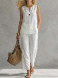 Women's Linen Two-Piece Sleeveless Top and Wide Leg Trouser Set