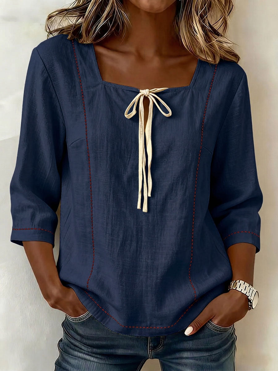Women's Linen Blend Square Neck 3/4-Sleeve Blouse