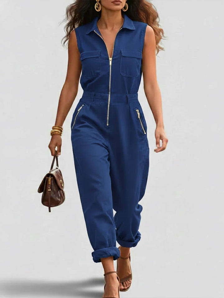 Women's Denim Sleeveless Jumpsuit One-Piece Romper with Zip Front