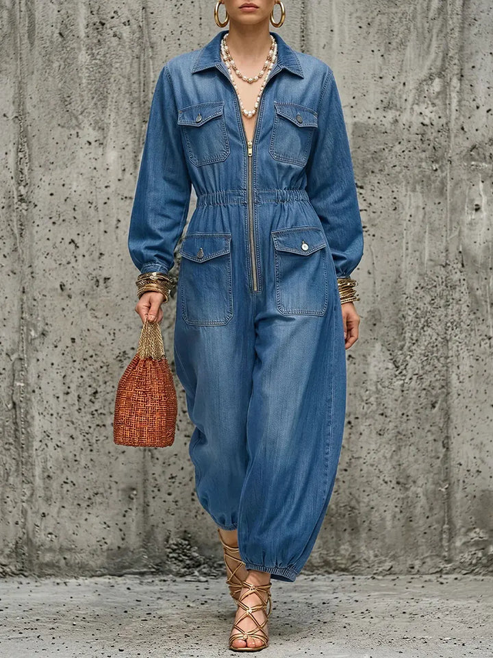 Women's Denim Jumpsuit Long Sleeve Utility Romper
