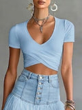 Women's V-Neck Wrap Front Short Sleeve Ribbed Knit Crop Top