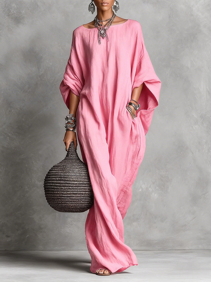 Women's Linen Maxi Kaftan Dress Bohemian Oversized Batwing Sleeve Long Gown
