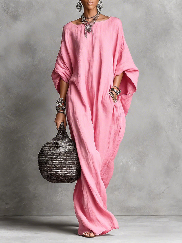Women's Linen Maxi Kaftan Dress Bohemian Oversized Batwing Sleeve Long Gown