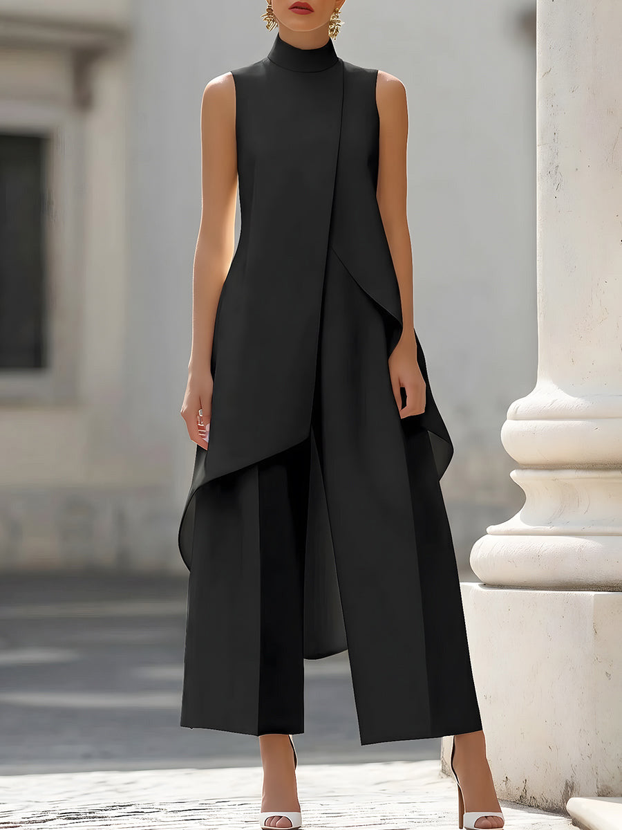 Women's Sleeveless Linen High Neck Asymmetric Top and Wide Leg Trousers Set