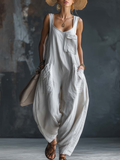 Women's Linen Jumpsuit Loose Fit Sleeveless Harem Dungarees Play-suit