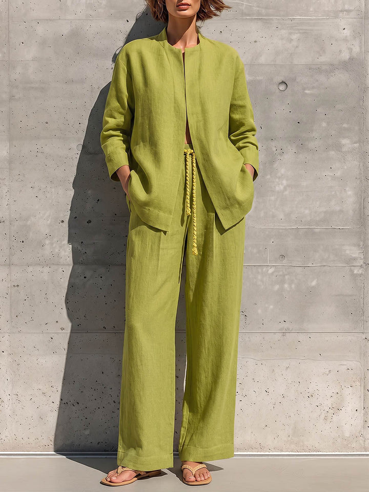 Women's Linen Two Piece Set Long Sleeve Shirt Wide Leg Pants