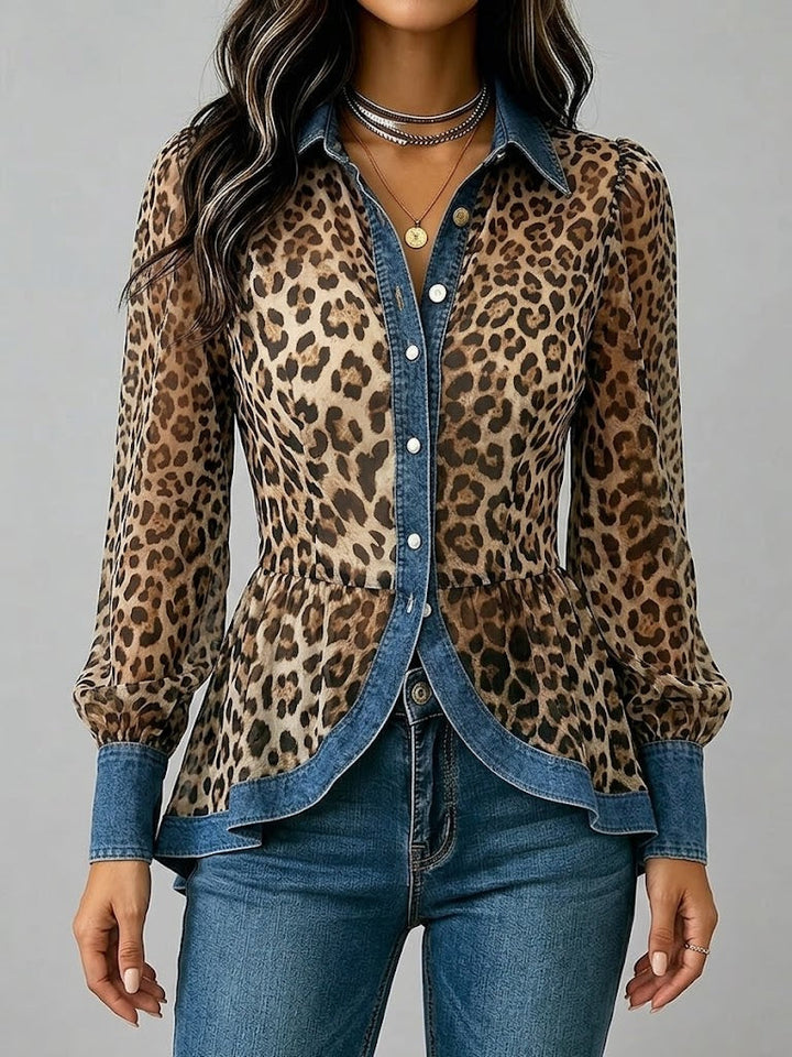 Women's Denim Trim Chiffon Leopard Print Long Sleeve Blouse