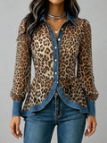 Women's Denim Trim Chiffon Leopard Print Long Sleeve Blouse