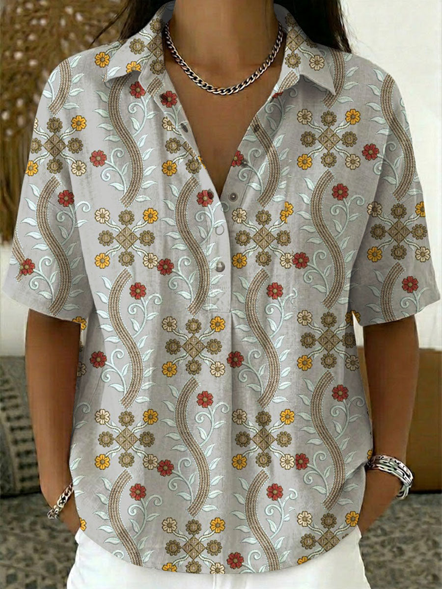 Women's Linen Blouse Short Sleeve Button Up Casual Printed Shirt